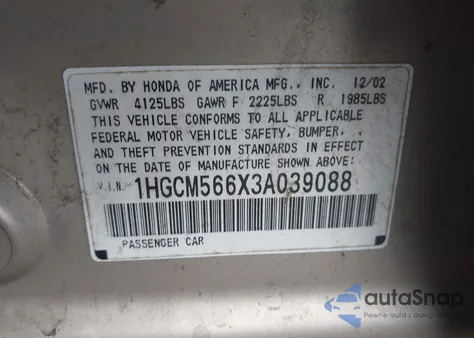 2003 Honda Accord 2.4 Ex from USA, damaged, VIN 1HGCM566X3A039088